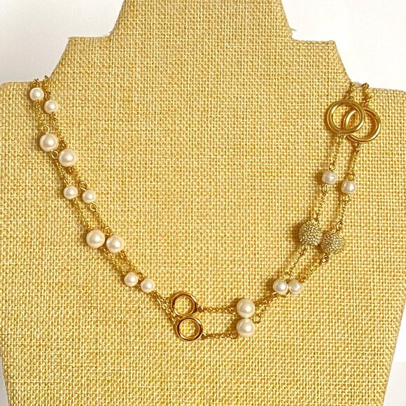 Talbots Pearls Rhinestone Balls Elegant Gold Tone Long or Double Necklace 36in - Picture 5 of 11
